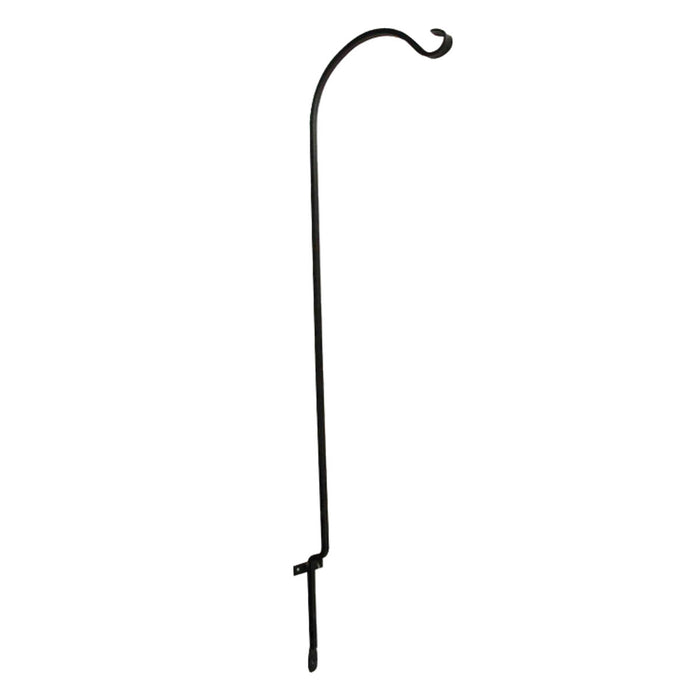 Single Deck Screw Mount Hanger: black metal pole with curved end, designed to hold bird feeders, features built-in support bracket for extra strength.