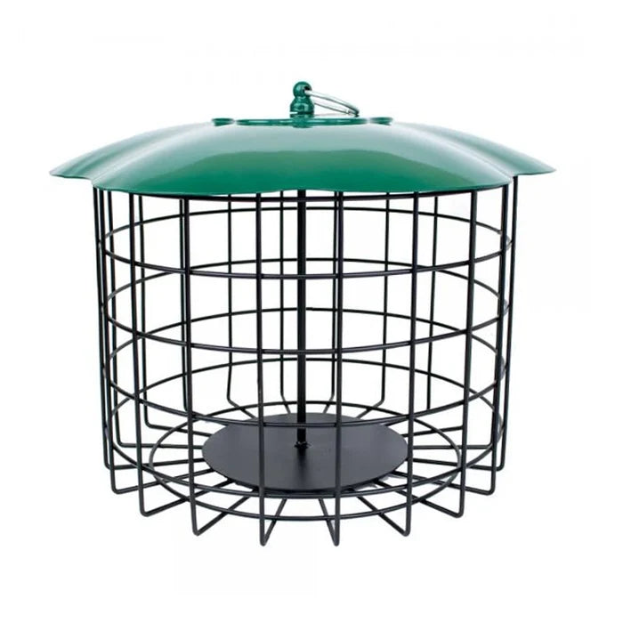 Squirrel Defeater Seed Log Bird Feeder features a black wire mesh cylinder with a green metal roof, designed to allow small birds while blocking squirrels.