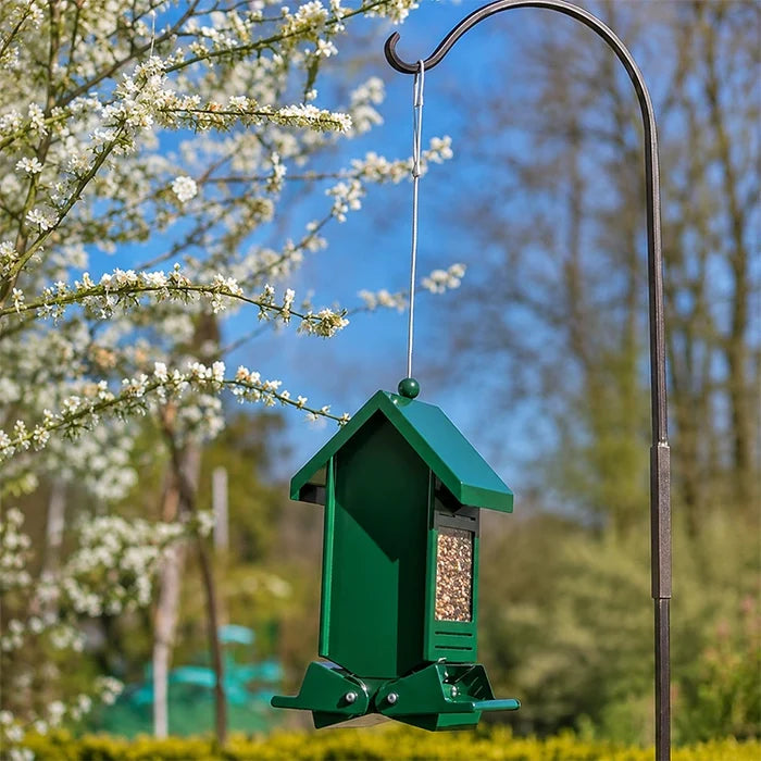 Green metal bird feeder hanging from a shepherd's hook in a flowering garden with seed visible through the side window.