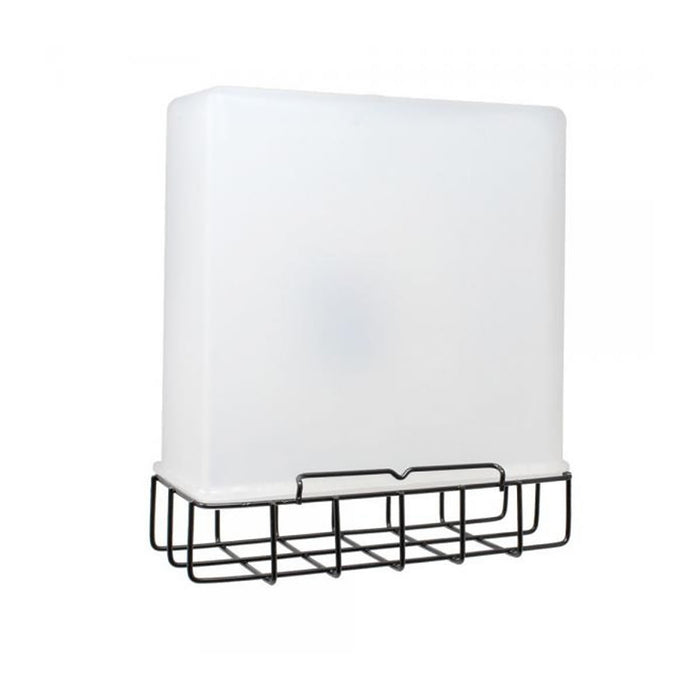 Suet Saver Feeder in a wall-mountable wire shelf, featuring a frosted-white plastic top and metal grid bottom for easy bird feeding.