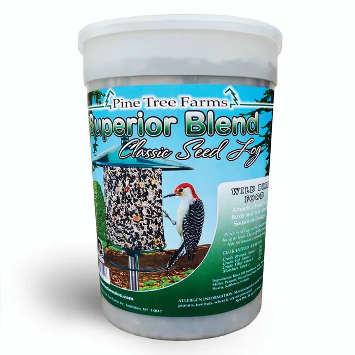 Superior Blend Classic Seed Log, Jumbo in plastic tub, featuring label with woodpecker, seed-and-suet log, ingredients, and size details for diverse bird feeding.