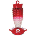 Textured Glass Hummingbird Feeder with a red fade, white flower feeding ports, and a red plastic base, featuring three feeding stations and an ant moat.