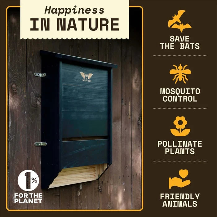 Three-Chamber Bat House, Cedar, mounted on a wall; promotes conservation with icons highlighting bat benefits: mosquito control, plant pollination, and animal friendliness.