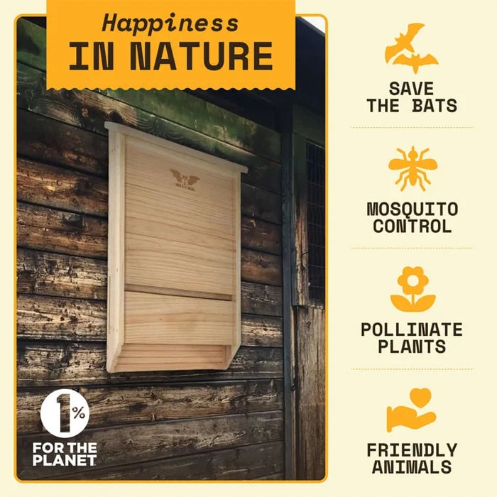 Bat house with benefit details: save bats, mosquito control, pollinate plants, friendly animals.