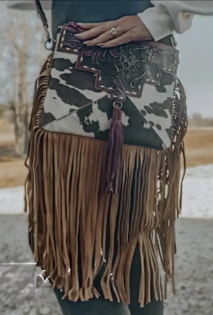 Tooled Leather Cowhide Fringed Crossbody Bag