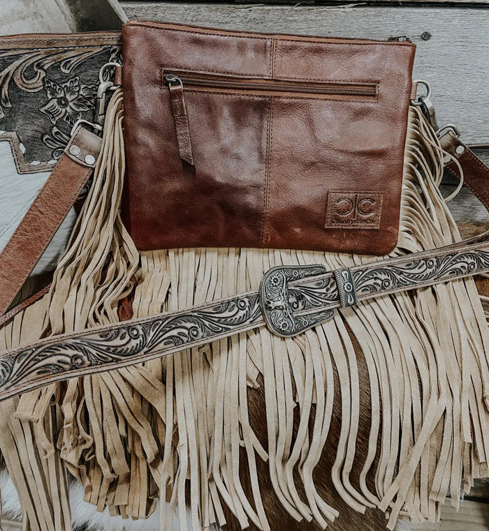 Tooled Leather Cowhide Fringed Crossbody Bag