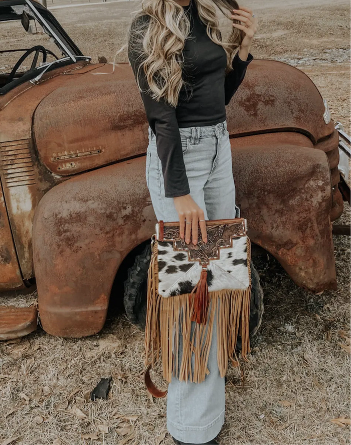 Tooled Leather Cowhide Fringed Crossbody Bag