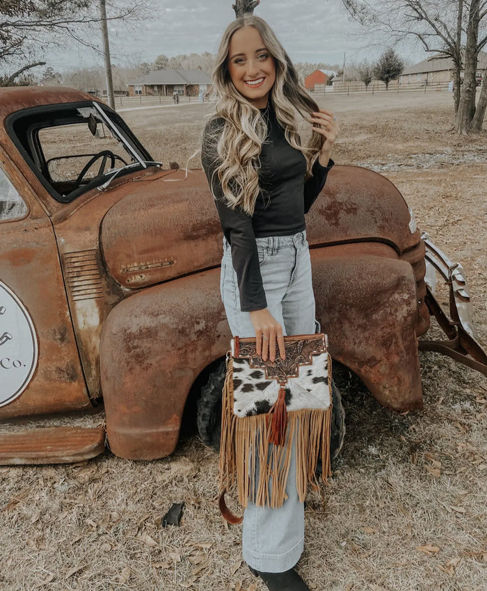 Tooled Leather Cowhide Fringed Crossbody Bag