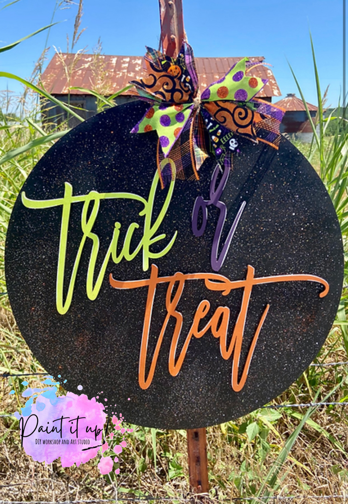 Trick or Treat Script Wooden Door Hanger