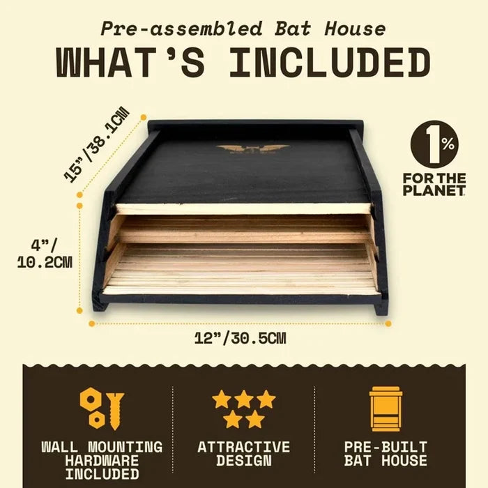 Three-Chamber Bat House, Black, pre-assembled cedar with grooved interior, includes wall-mounting hardware. Dimensions: 15x12x4. Supports 75 bats, eco-friendly pest control.