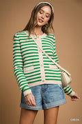 U Striped Button Cardigan -Green