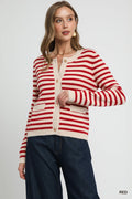 U Striped Button Cardigan -Red