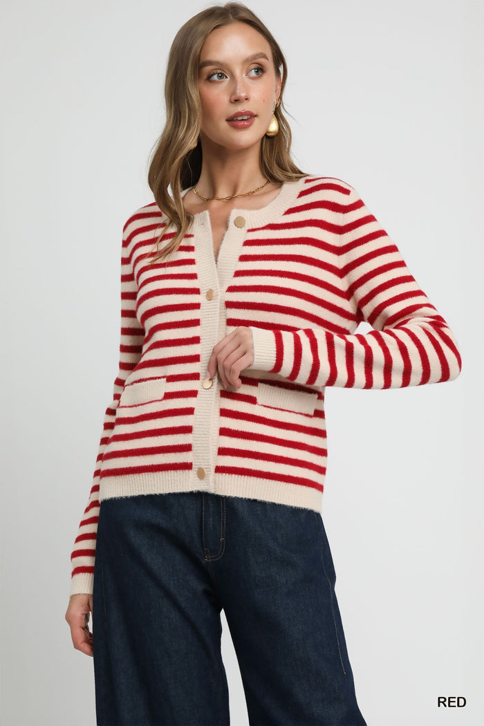 U Striped Button Cardigan -Red