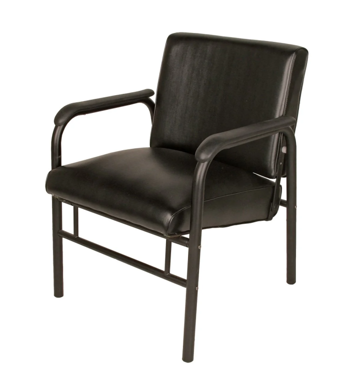 Unassembled Automatic Shampoo Chair by Jeffco with metal frame, padded seat, and backrest.
