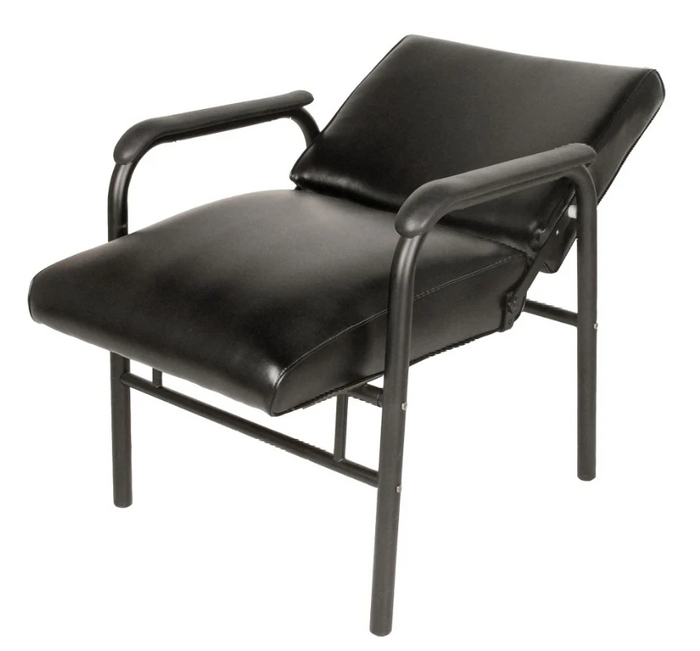 Jeffco Unassembled Automatic Shampoo Chair, black, padded, with armrests and metal legs.