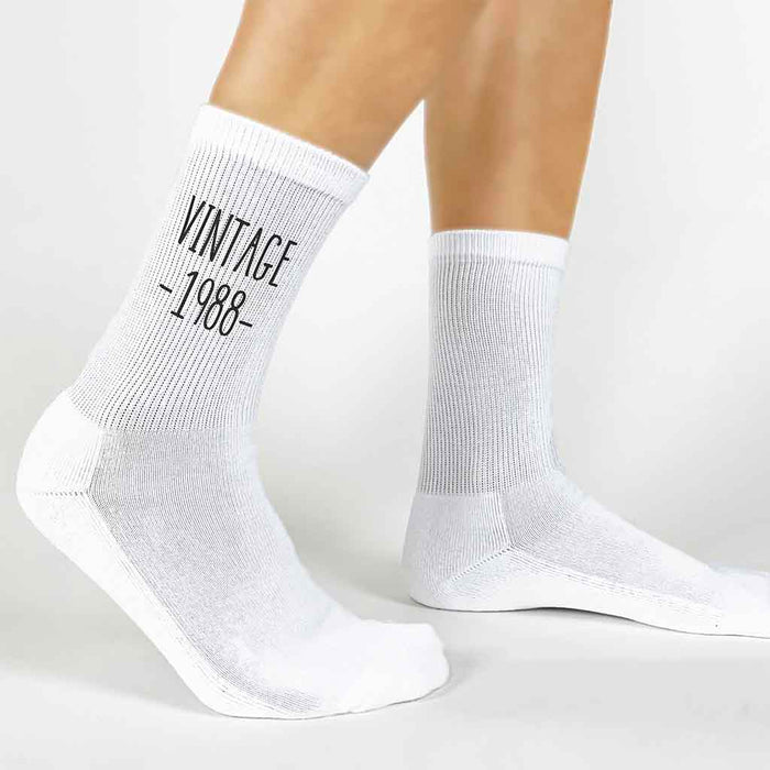 Vintage birthday socks for men or women printed with custom birth year