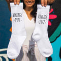 Vintage design printed on white birthday socks and packaged in a gift box