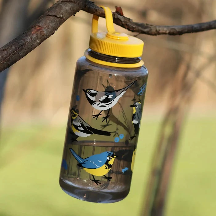 Warblers Nalgene Water Bottle features stylized songbird illustrations, a bright yellow lid, and a carry handle, hanging from a tree branch. 32 oz, eco-friendly, BPA-free.