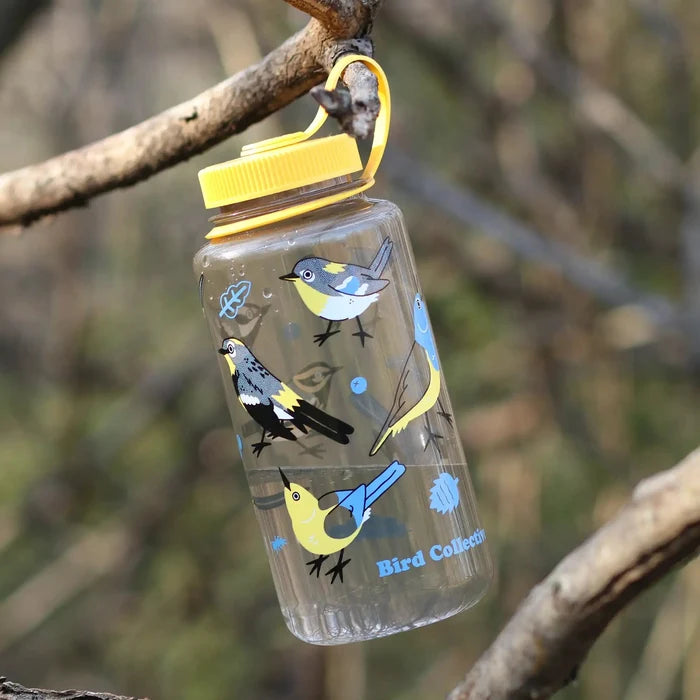 Warblers Nalgene Water Bottle hanging from a branch, featuring cartoon bird illustrations and a yellow cap. Eco-friendly, 32 oz., BPA-free, made in the USA.