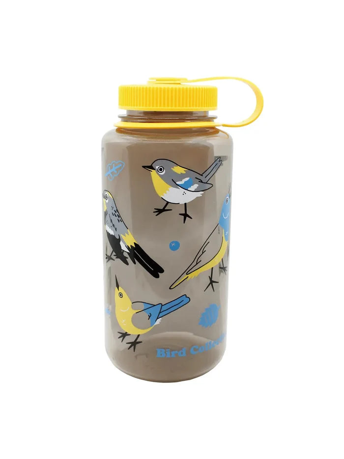 Warblers Nalgene Water Bottle featuring a wide-mouth design, yellow screw-on lid, and loop handle. Translucent body showcases cartoon birds, made with 50% recycled content.