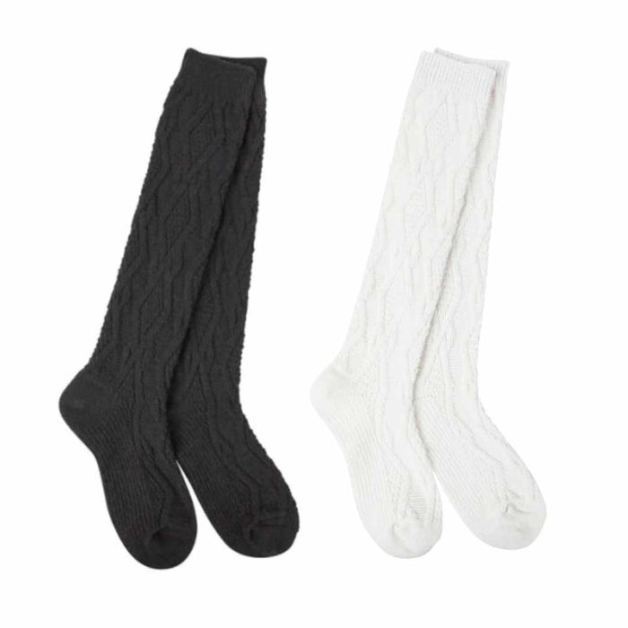 A pair of black knee-high socks with a ribbed top, displayed alongside a pair of white knee-high socks.