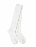 a pair of knee socks, white, with texture similar to a cable knit sweater