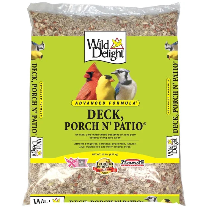 Wild Delight Deck, Porch N' Patio Wild Bird Seed, 20-lb bag, featuring a mix of sunflower kernels, peanuts, pistachios, and hulled pumpkin seeds for no-waste feeding in a bag.