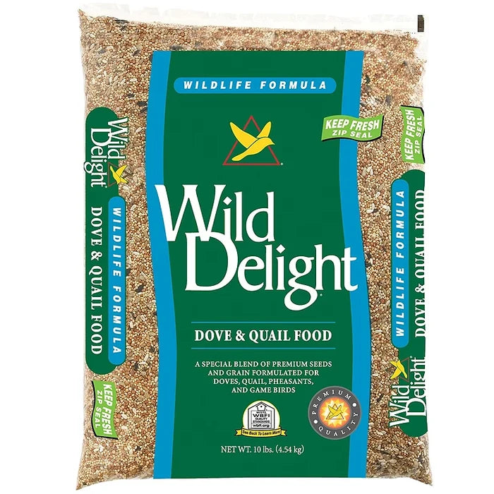 Wild Delight Dove & Quail Food Wild Bird Seed, 10-lb bag, labeled seed mix for attracting doves, quail, and other birds.