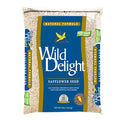 Wild Delight Safflower Seed, 8-lb bag, shown in clear packaging, ideal for attracting cardinals and grosbeaks while deterring squirrels, perfect for various bird feeders.