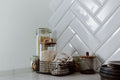 Two wire shelf baskets in a kitchen