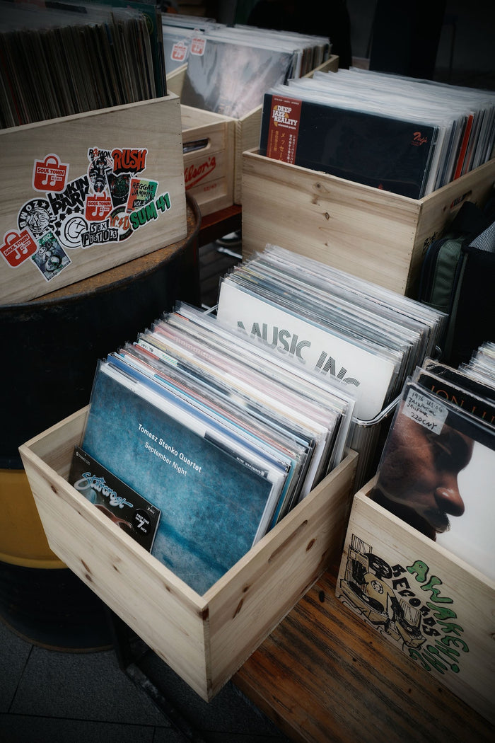 Wooden crate filled with records