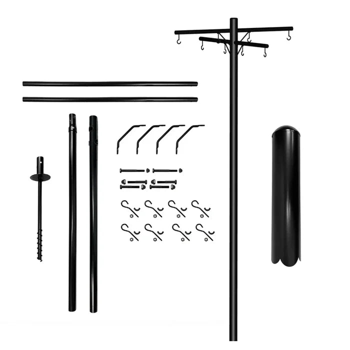 Black metal squirrel-proof bird feeder pole laid out to show multiple components including a tall pole, crossbar, hooks, squirrel baffle, ground anchor, and mounting hardware, arranged on a plain white background.